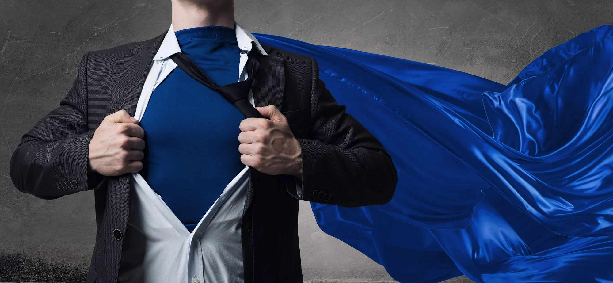 hero man with open shirt and long blue cape