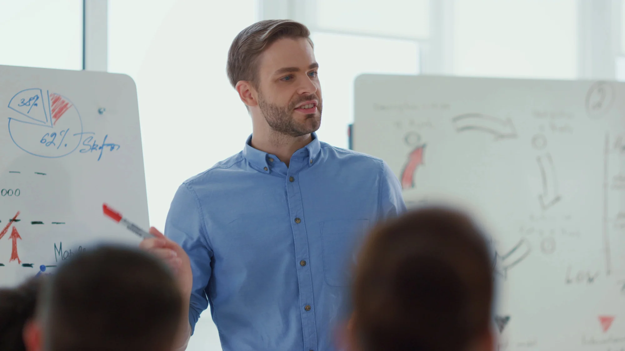 Smart speaker coaching team office. business man teaching people meeting room