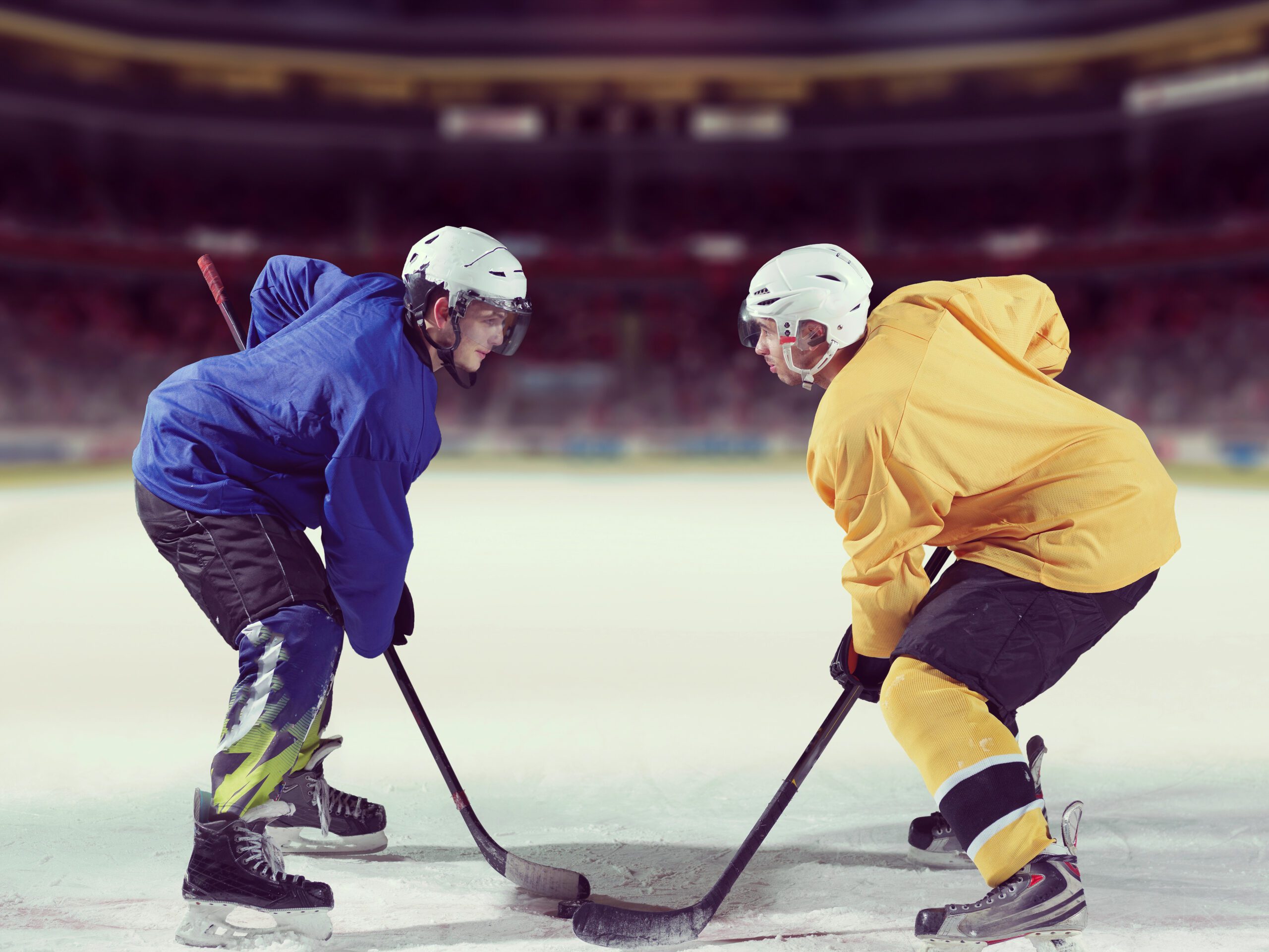 two hockey players facing off